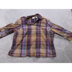Plaid Shirt Womens XL Multicolor Button Front 3/4 Sleeve Lightweight Casual
